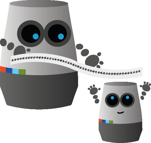 SwiggleBot holds a long piece of ticker tape over a smaller SwiggleBot who looks happy